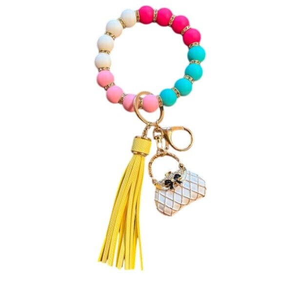 NWT Beaded Silicone Bracelet Keychain With Tassel & Mini Purse Charm For Women - Picture 1 of 1